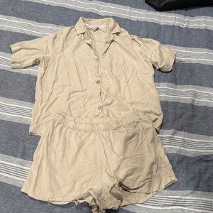 Beige Button-Up Shirt and Shorts Set